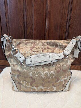 COACH Pearl White + Beige Canvas and Leather Carly Hobo Bag No -F13981